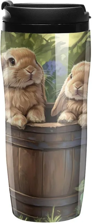 Cute Bunny Flowers Coffee Mug with Lid Portable Tumbler Water Bottle for Travel Business 350ml