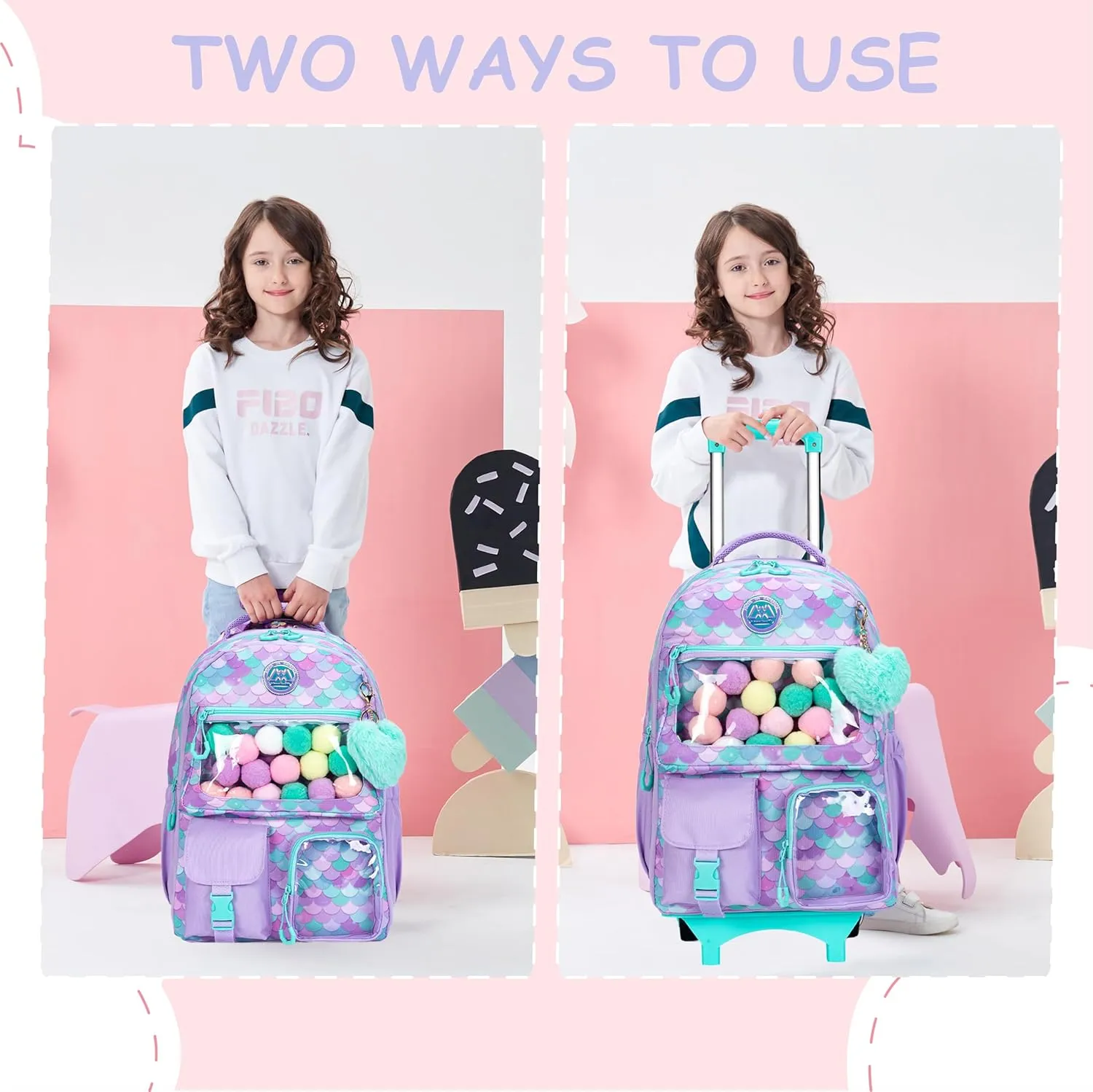 Cute Mermaid Rolling Backpacks with Wheels for Girls Aesthetic Rolling Backpack for Elementary with Lunch Box School Trolley Backpack for Girls School Supplies