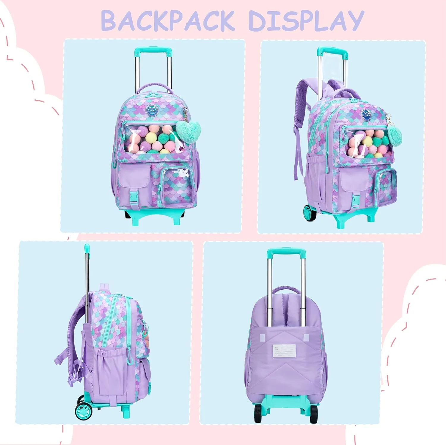 Cute Mermaid Rolling Backpacks with Wheels for Girls Aesthetic Rolling Backpack for Elementary with Lunch Box School Trolley Backpack for Girls School Supplies