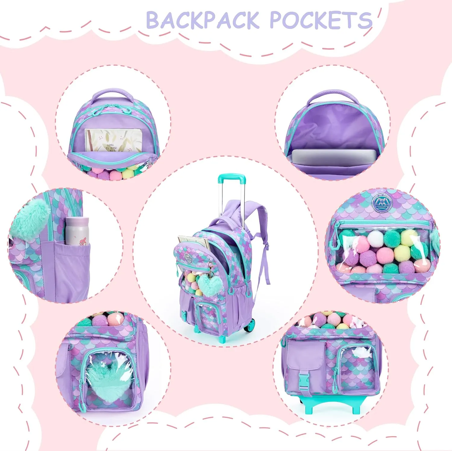 Cute Mermaid Rolling Backpacks with Wheels for Girls Aesthetic Rolling Backpack for Elementary with Lunch Box School Trolley Backpack for Girls School Supplies