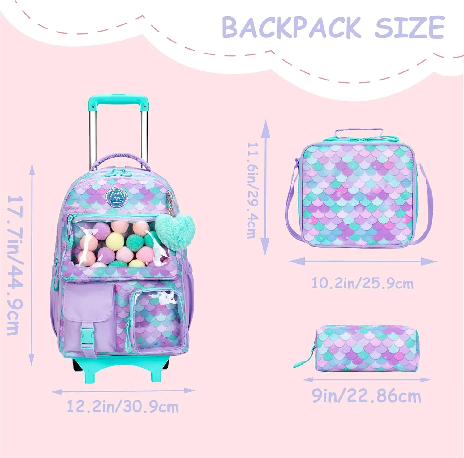 Cute Mermaid Rolling Backpacks with Wheels for Girls Aesthetic Rolling Backpack for Elementary with Lunch Box School Trolley Backpack for Girls School Supplies