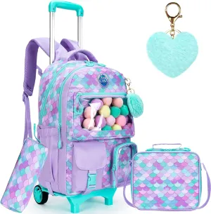 Cute Mermaid Rolling Backpacks with Wheels for Girls Aesthetic Rolling Backpack for Elementary with Lunch Box School Trolley Backpack for Girls School Supplies