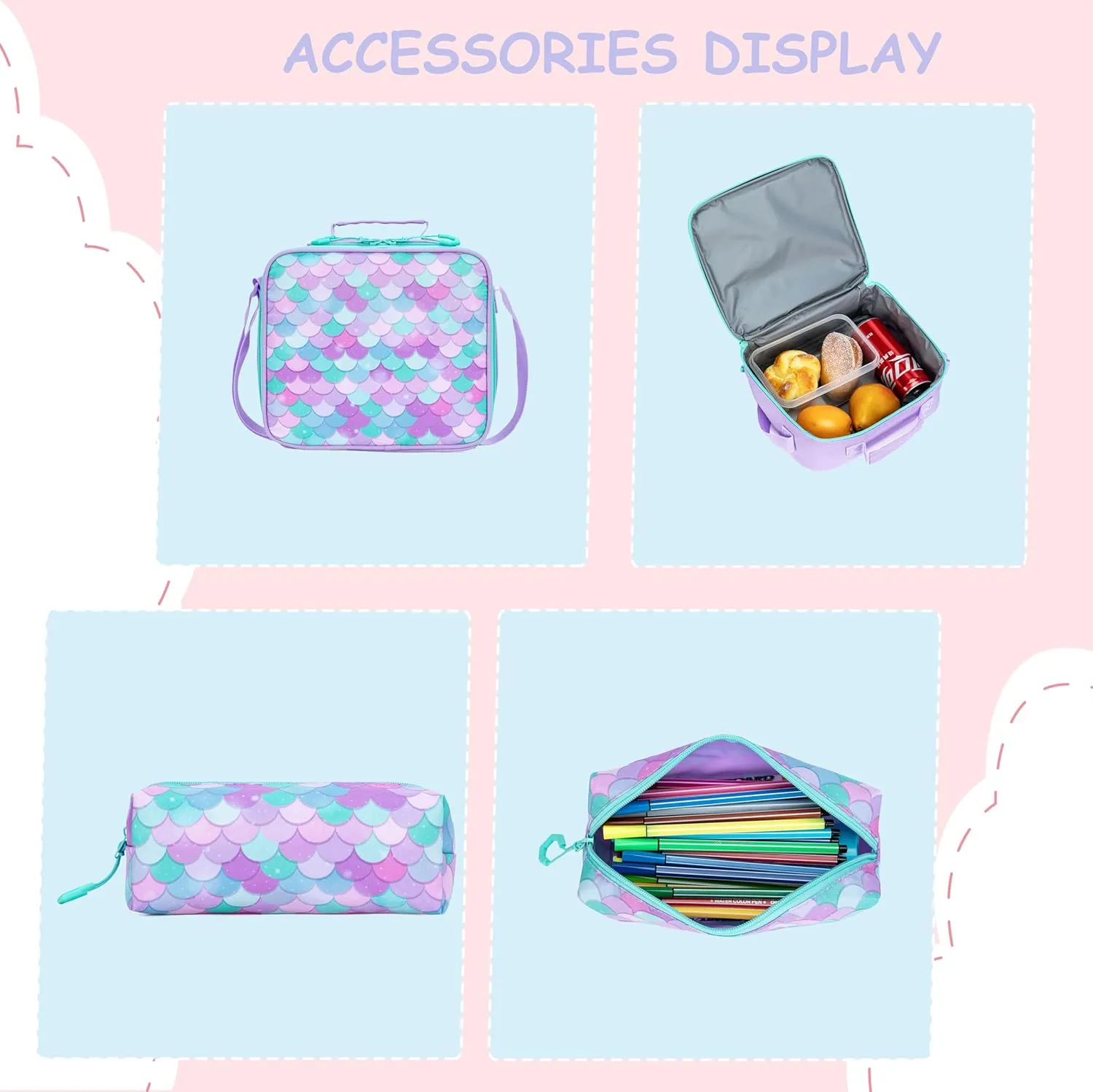 Cute Mermaid Rolling Backpacks with Wheels for Girls Aesthetic Rolling Backpack for Elementary with Lunch Box School Trolley Backpack for Girls School Supplies