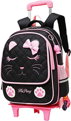 Cute Rolling Backpack for Girls Trolley School Bags Cat-face Bowknot Girls Backpacks with Wheels Kids Carry-on Travel Luggage Black-6 Wheels