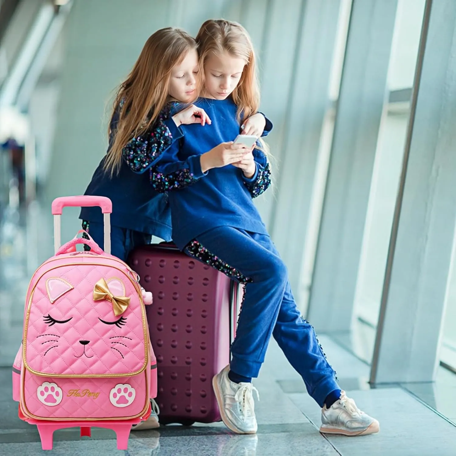 Cute Rolling Backpack for Girls Trolley School Bags Cat-face Bowknot Girls Backpacks with Wheels Kids Carry-on Travel Luggage Pink-6 Wheels