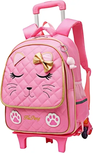 Cute Rolling Backpack for Girls Trolley School Bags Cat-face Bowknot Girls Backpacks with Wheels Kids Carry-on Travel Luggage Pink-6 Wheels