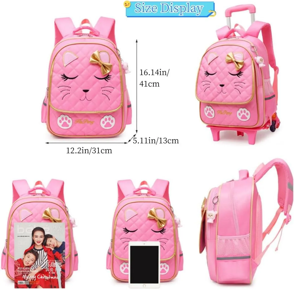Cute Rolling Backpack for Girls Trolley School Bags Cat-face Bowknot Girls Backpacks with Wheels Kids Carry-on Travel Luggage Pink-6 Wheels