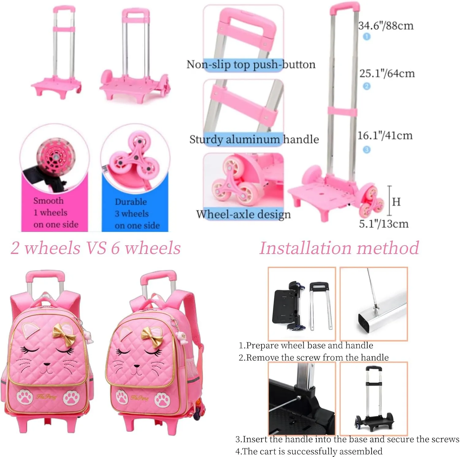Cute Rolling Backpack for Girls Trolley School Bags Cat-face Bowknot Girls Backpacks with Wheels Kids Carry-on Travel Luggage Pink-6 Wheels