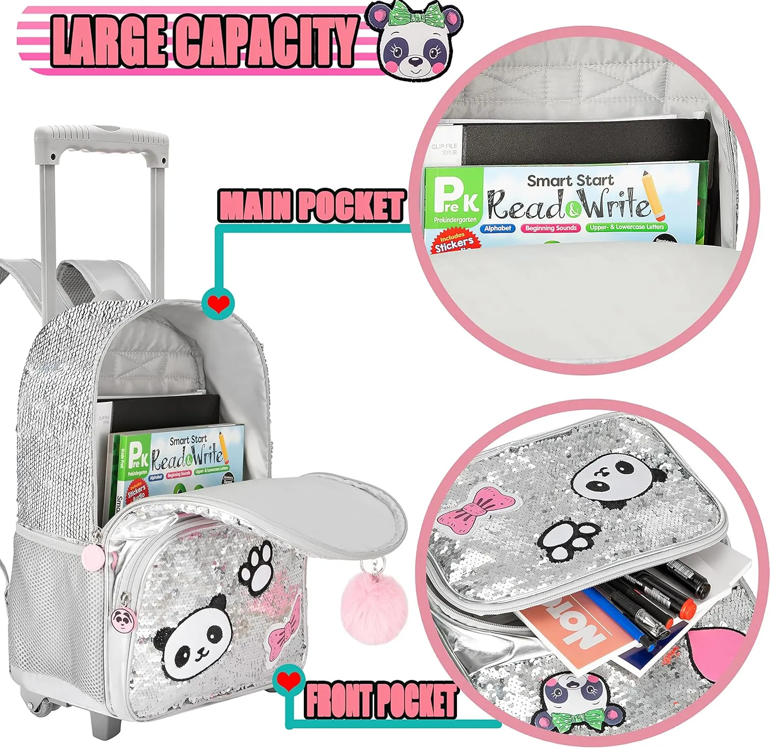 Cute Sequin Panda Rolling Backpack for Girls Backpack with Wheels Girls Backpack with Lunch Box Set Kids Suitcase for Girls Backpacks with Wheels Kids Carry On Travel Luggage with Roller