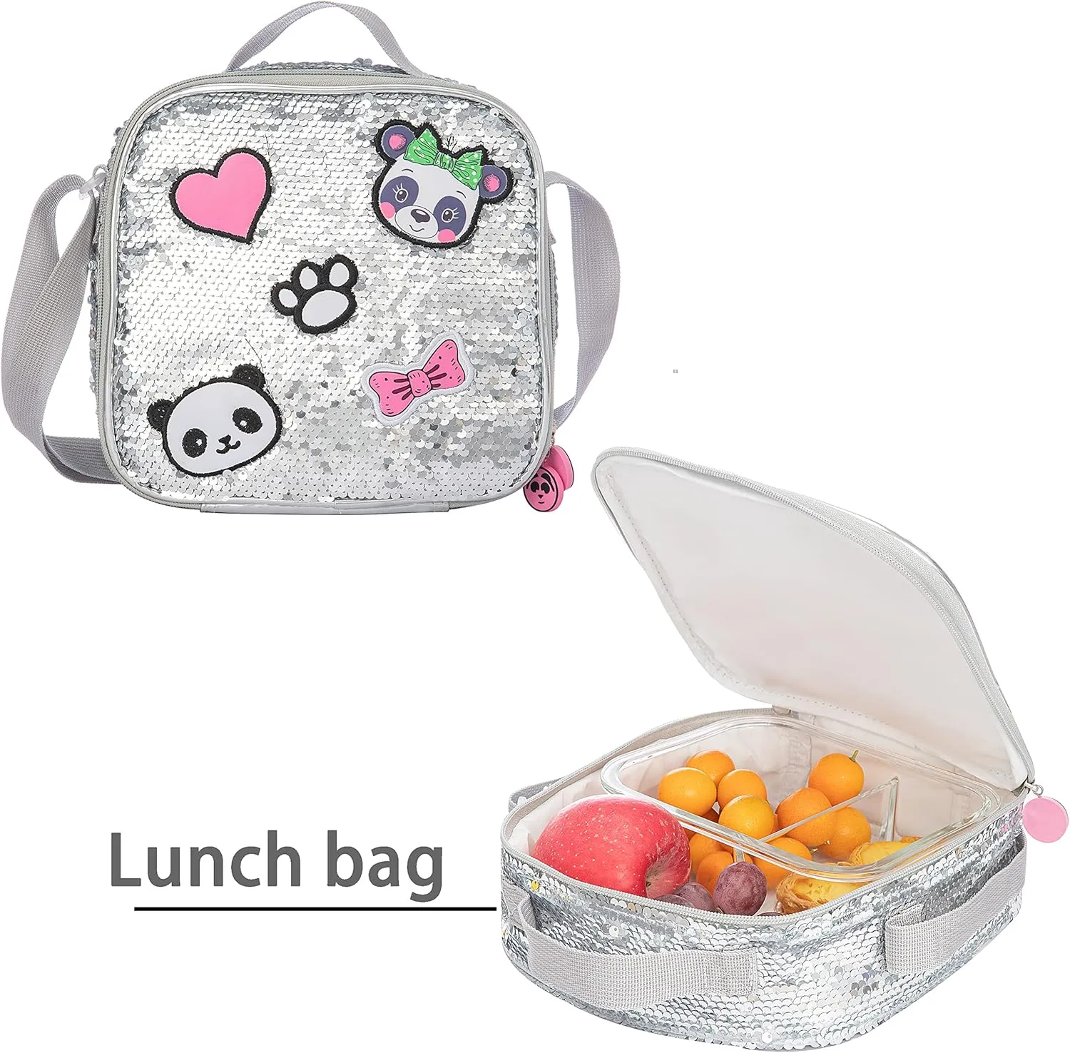 Cute Sequin Panda Rolling Backpack for Girls Backpack with Wheels Girls Backpack with Lunch Box Set Kids Suitcase for Girls Backpacks with Wheels Kids Carry On Travel Luggage with Roller