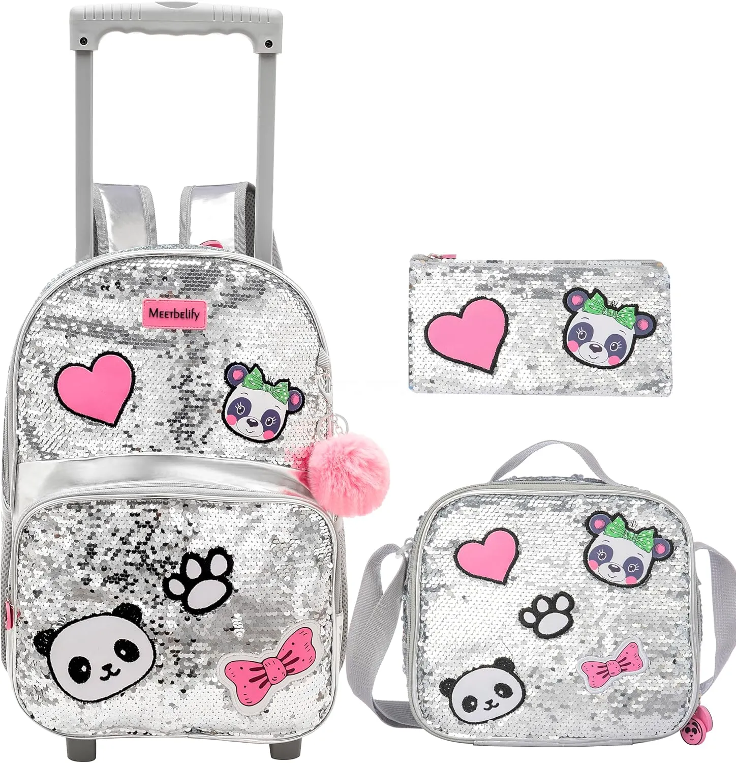 Cute Sequin Panda Rolling Backpack for Girls Backpack with Wheels Girls Backpack with Lunch Box Set Kids Suitcase for Girls Backpacks with Wheels Kids Carry On Travel Luggage with Roller
