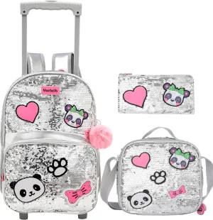 Cute Sequin Panda Rolling Backpack for Girls Backpack with Wheels Girls Backpack with Lunch Box Set Kids Suitcase for Girls Backpacks with Wheels Kids Carry On Travel Luggage with Roller