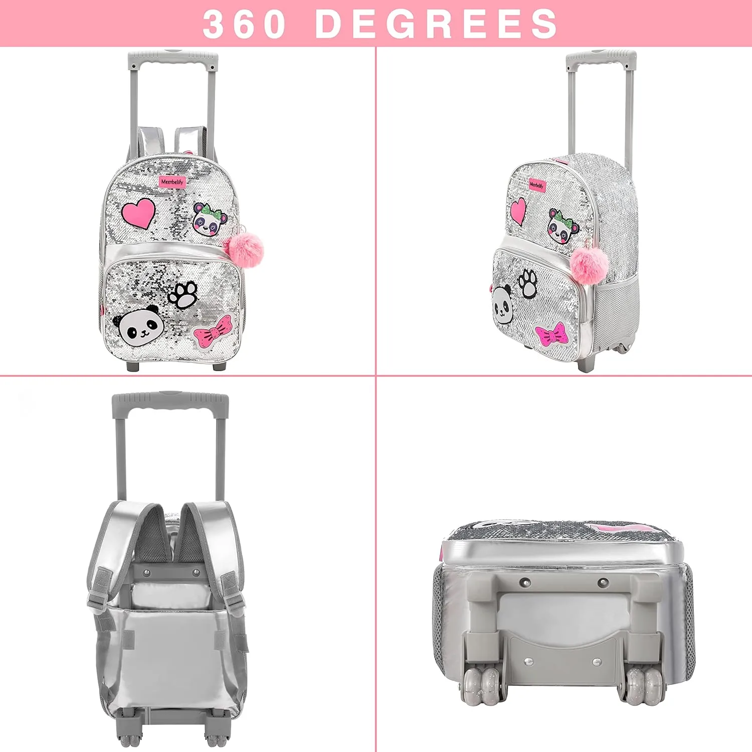 Cute Sequin Panda Rolling Backpack for Girls Backpack with Wheels Girls Backpack with Lunch Box Set Kids Suitcase for Girls Backpacks with Wheels Kids Carry On Travel Luggage with Roller