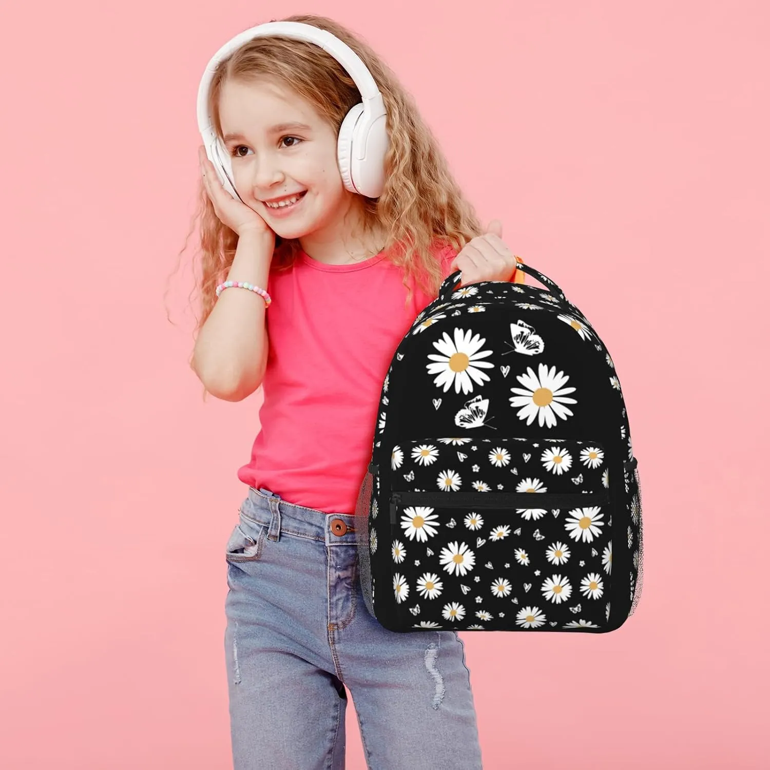 Daisy-Print School Backpack Daisy Flower Bookbag Daisys Black Bookbag Girls Flower Print Backpack For Girls Elementary Middle For Childrens Students Gifts
