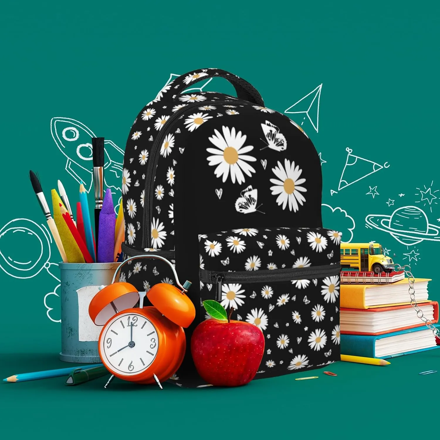 Daisy-Print School Backpack Daisy Flower Bookbag Daisys Black Bookbag Girls Flower Print Backpack For Girls Elementary Middle For Childrens Students Gifts