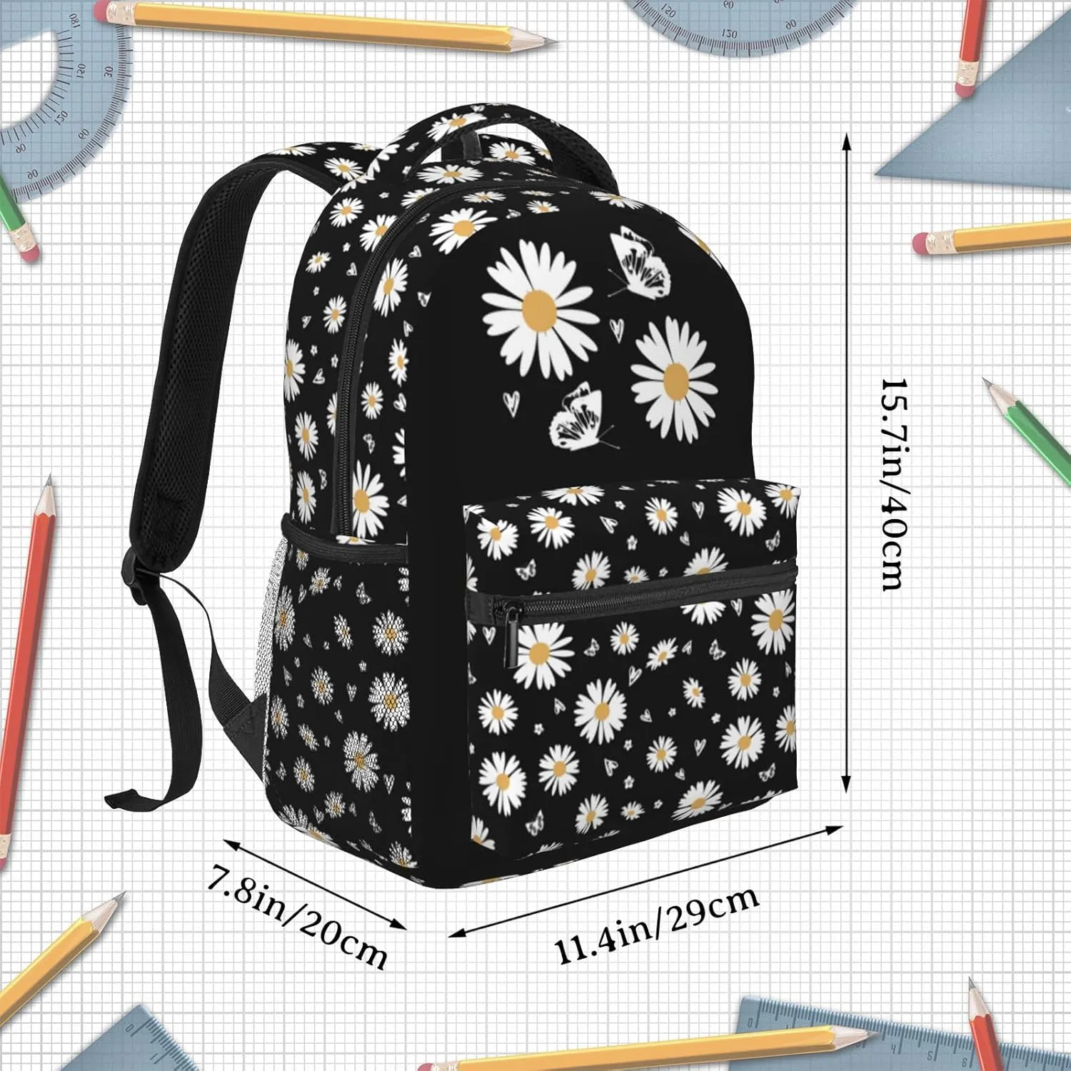 Daisy-Print School Backpack Daisy Flower Bookbag Daisys Black Bookbag Girls Flower Print Backpack For Girls Elementary Middle For Childrens Students Gifts