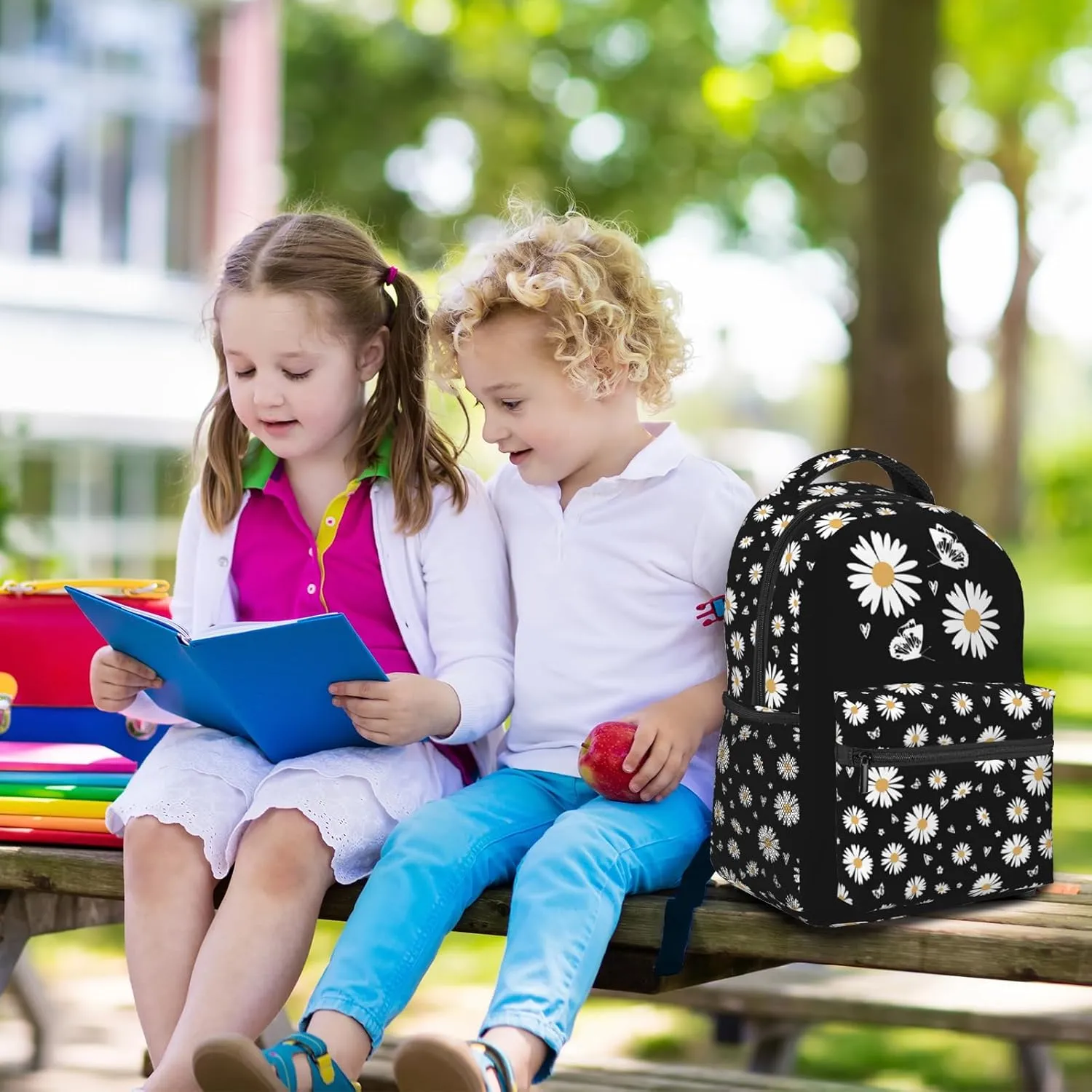 Daisy-Print School Backpack Daisy Flower Bookbag Daisys Black Bookbag Girls Flower Print Backpack For Girls Elementary Middle For Childrens Students Gifts