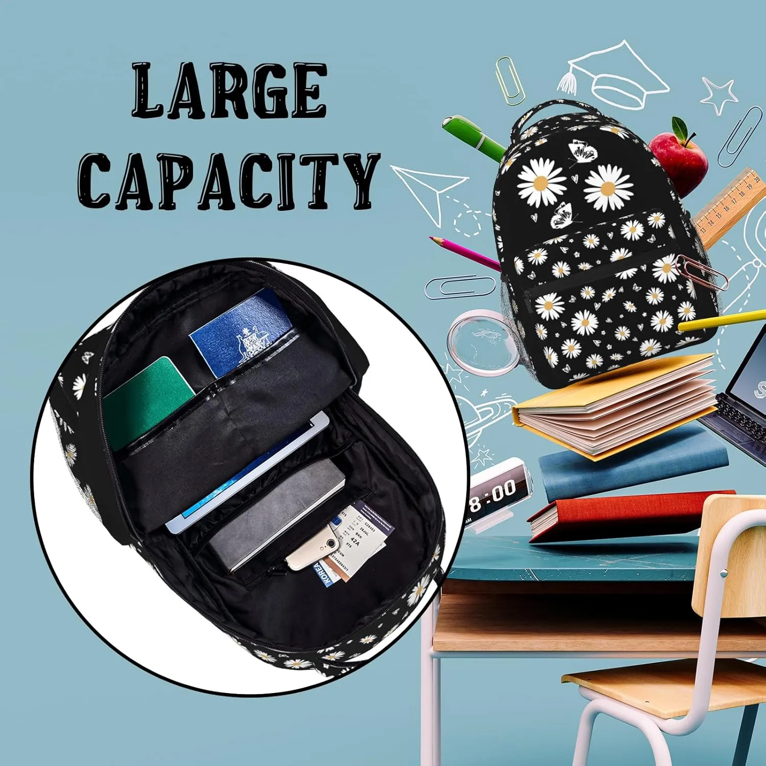 Daisy-Print School Backpack Daisy Flower Bookbag Daisys Black Bookbag Girls Flower Print Backpack For Girls Elementary Middle For Childrens Students Gifts