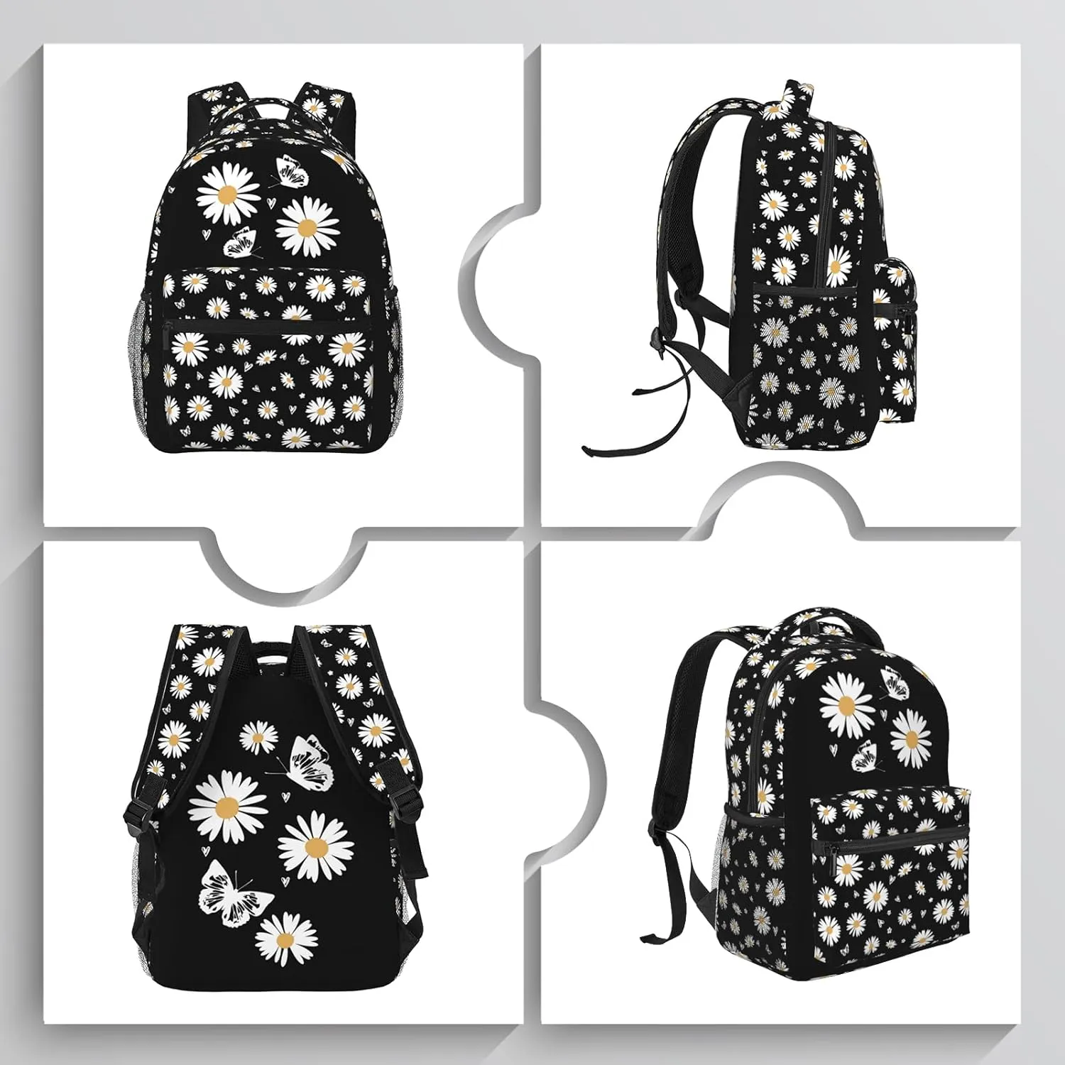 Daisy-Print School Backpack Daisy Flower Bookbag Daisys Black Bookbag Girls Flower Print Backpack For Girls Elementary Middle For Childrens Students Gifts