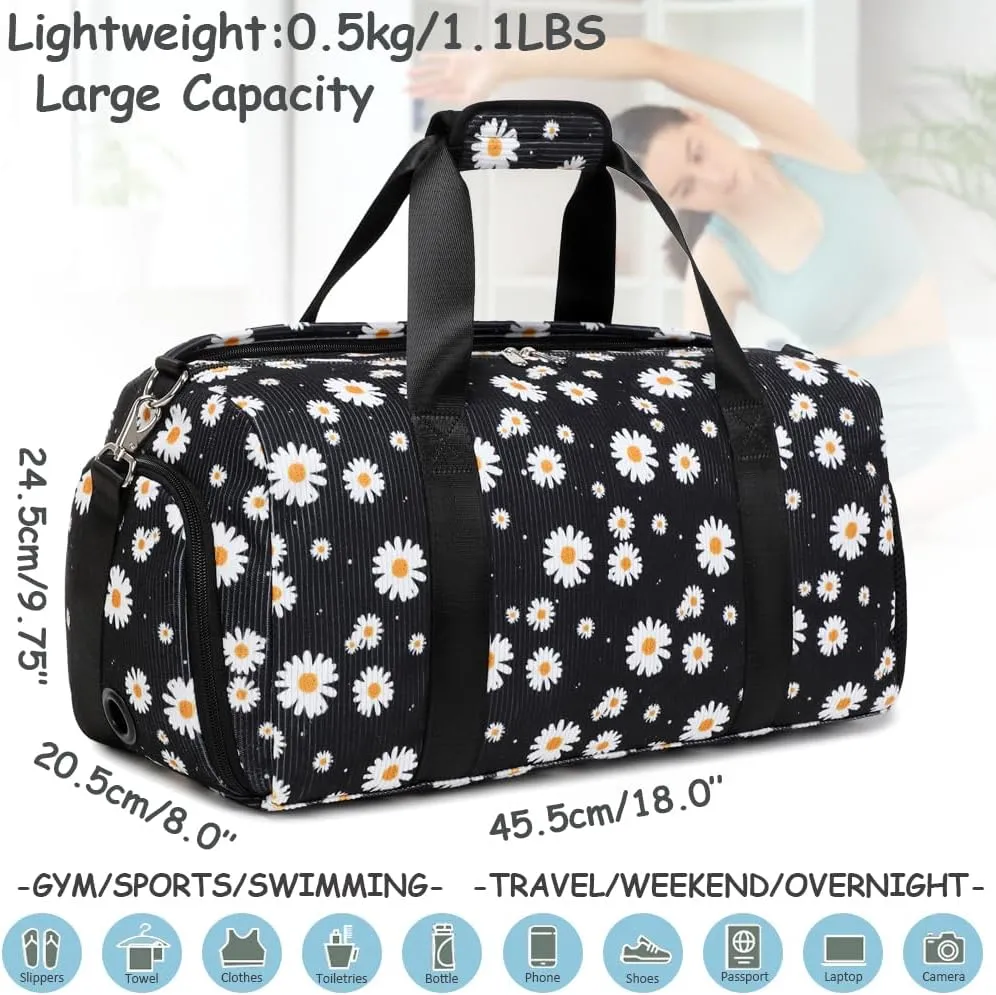 Dance Bag for Girls Gym Bag Sports Duffle Bag with Shoes Compartment Wet Pocket Weekender Overnight Bag for Girls Women Teens Corduroy Daisy Travel Duffle Bag