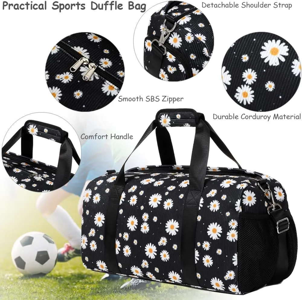 Dance Bag for Girls Gym Bag Sports Duffle Bag with Shoes Compartment Wet Pocket Weekender Overnight Bag for Girls Women Teens Corduroy Daisy Travel Duffle Bag