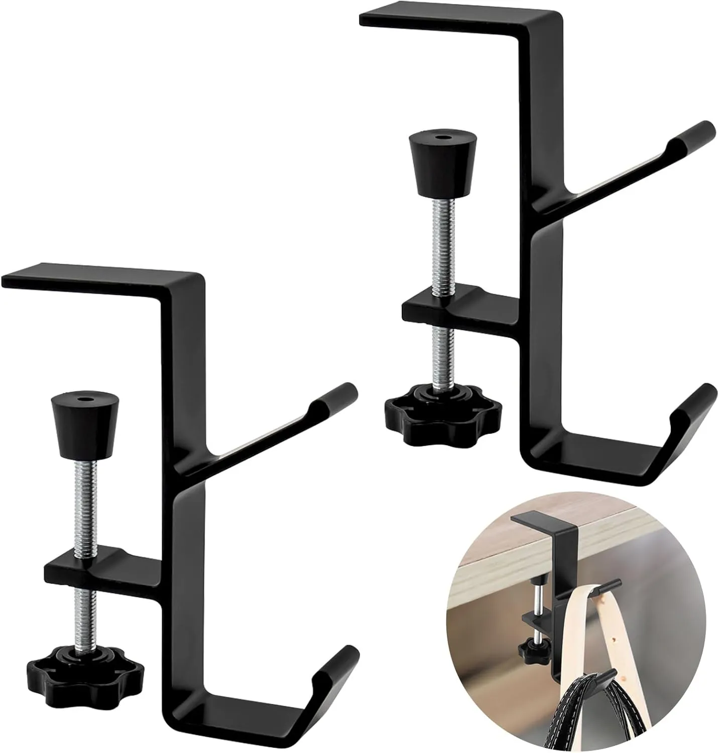 Desk Mount Bag Holder Hook - Clamp-On Backpack Hanger and Headphones Holder, Portable Under Counter Clutter Reducer for Table (Black, 2Pcs)