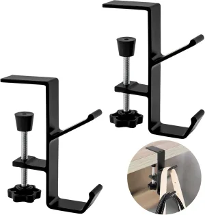 Desk Mount Bag Holder Hook - Clamp-On Backpack Hanger and Headphones Holder, Portable Under Counter Clutter Reducer for Table (Black, 2Pcs)