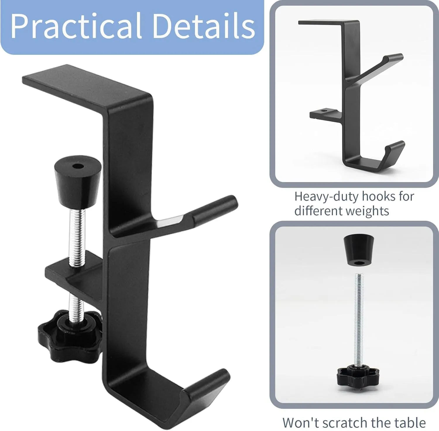 Desk Mount Bag Holder Hook - Clamp-On Backpack Hanger and Headphones Holder, Portable Under Counter Clutter Reducer for Table (Black, 2Pcs)