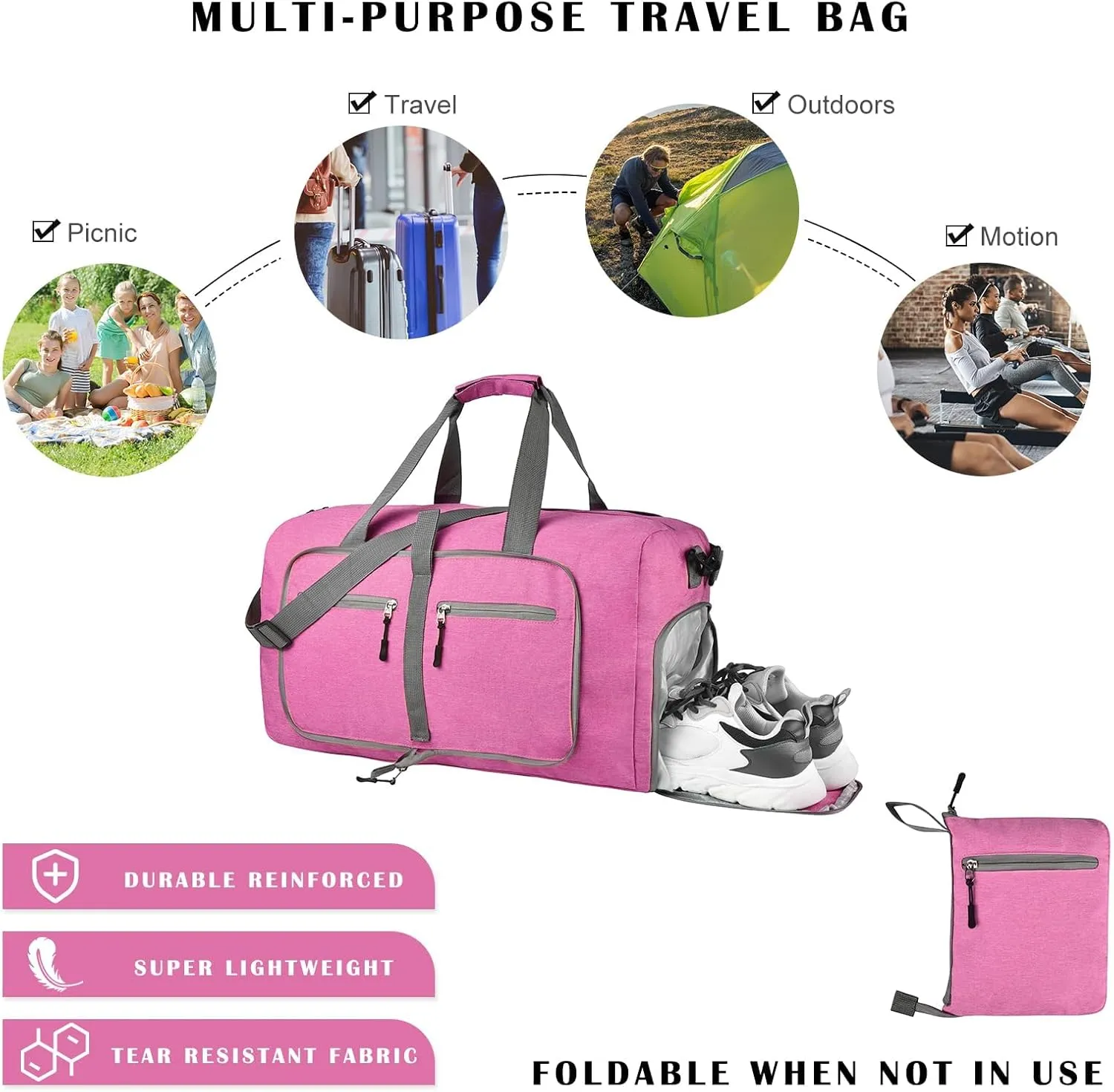 Dimayar 65L Travel Duffle Bag - Foldable Duffel Bag with Shoes Compartment - Overnight Bags Waterproof & Tear Resistant(RougePink)