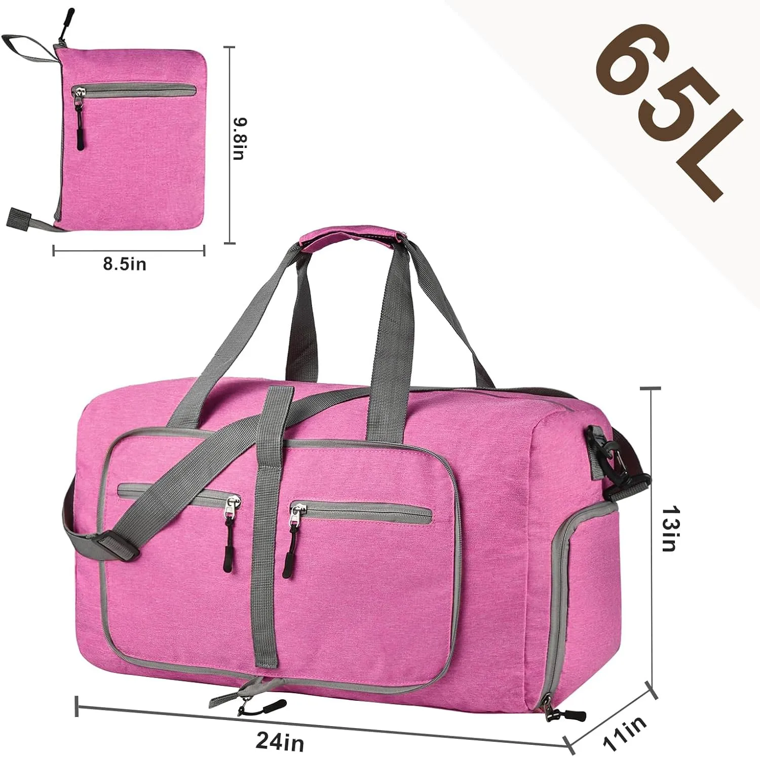 Dimayar 65L Travel Duffle Bag - Foldable Duffel Bag with Shoes Compartment - Overnight Bags Waterproof & Tear Resistant(RougePink)
