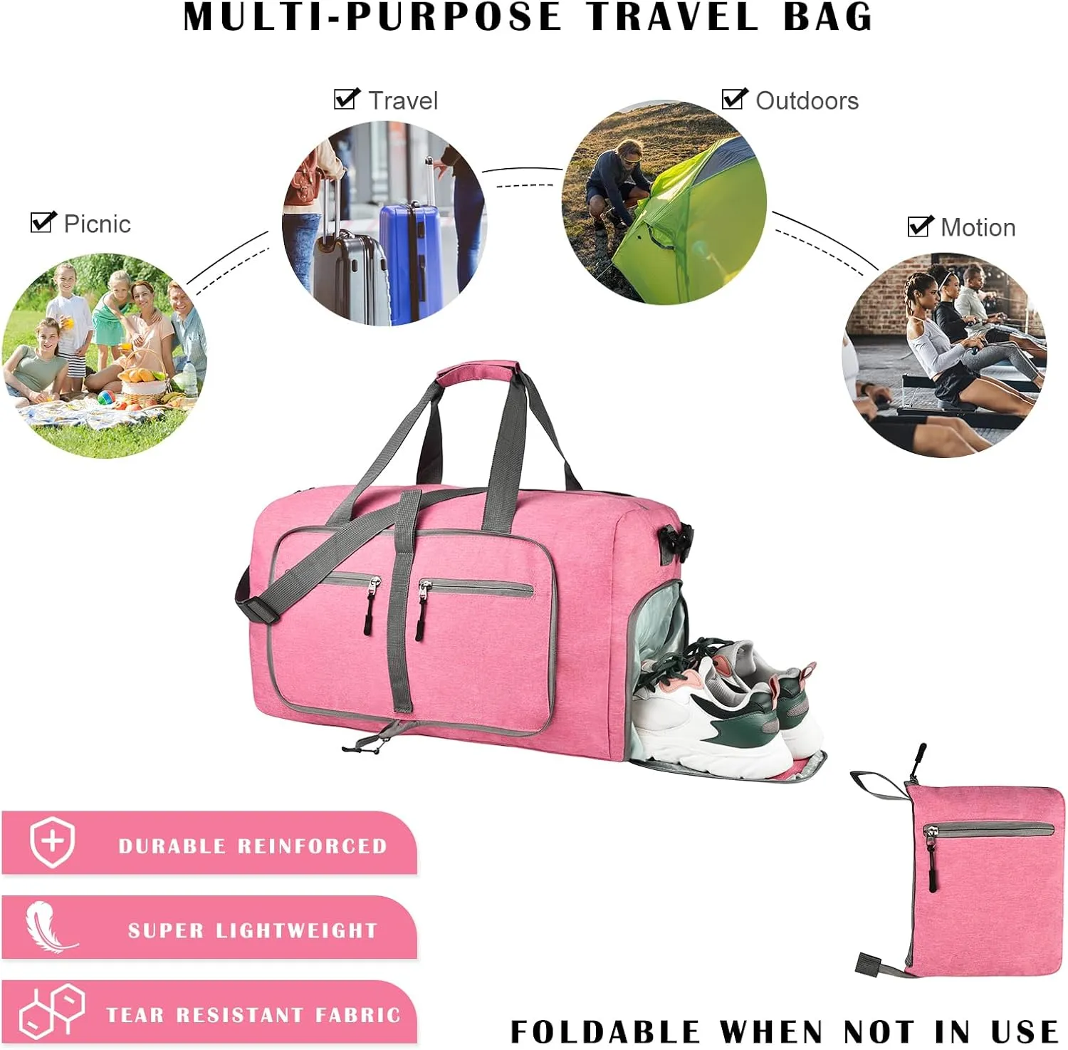 Dimayar 85L Travel Duffle Bag for Men Women - Foldable Duffel Bag with Shoes Compartment - Overnight Bags Waterproof & Tear Resistant(Pink)