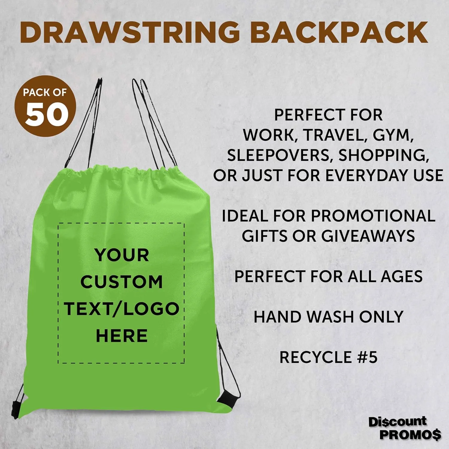 DISCOUNT PROMOS Custom Non-Woven Drawstring Backpacks Set of 50, Personalized Bulk Pack - Bring Everywhere You Go, Great for Travelling, Gym and for Everyday Use - Lime Green
