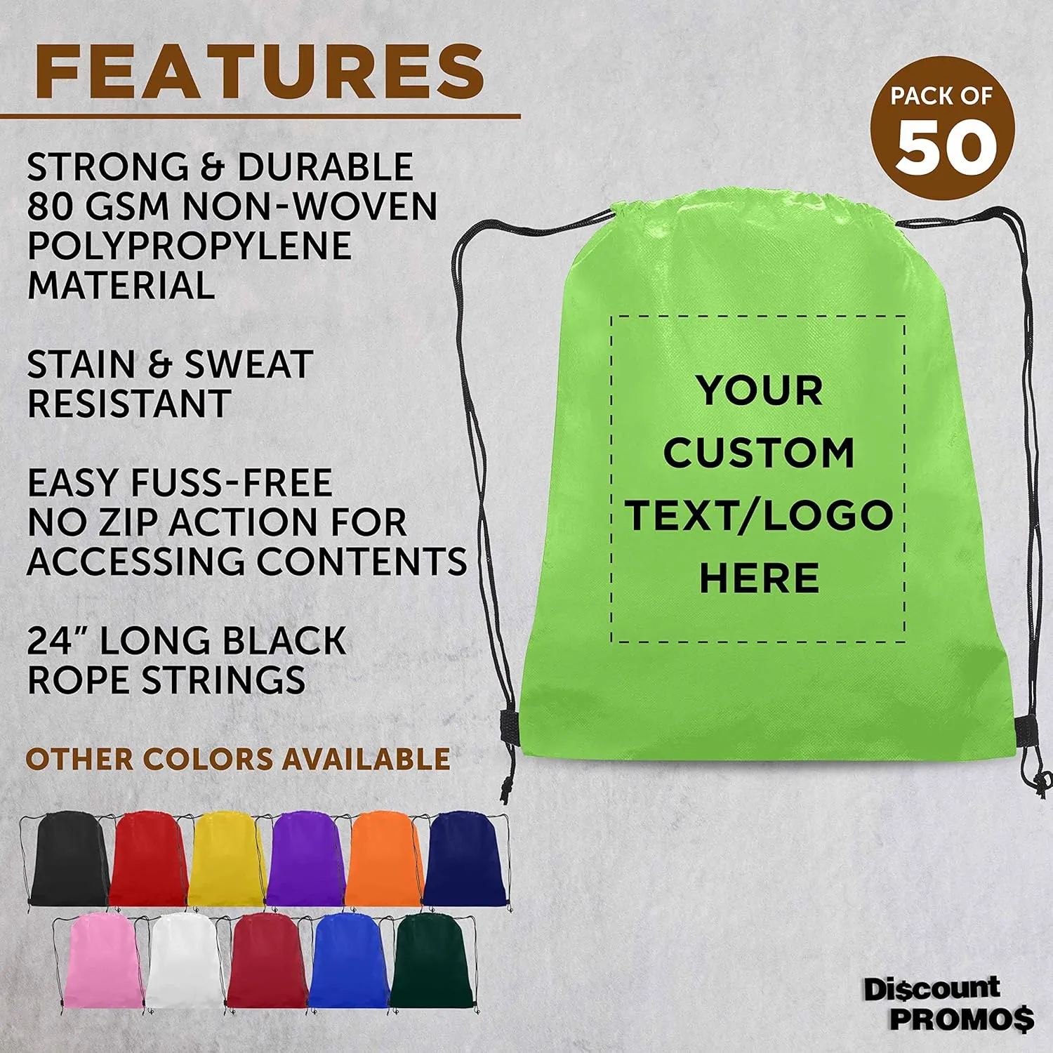 DISCOUNT PROMOS Custom Non-Woven Drawstring Backpacks Set of 50, Personalized Bulk Pack - Bring Everywhere You Go, Great for Travelling, Gym and for Everyday Use - Lime Green