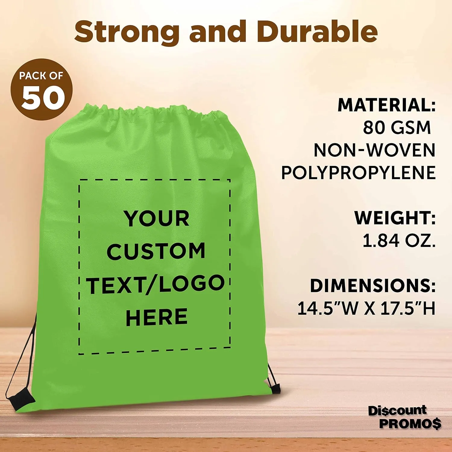 DISCOUNT PROMOS Custom Non-Woven Drawstring Backpacks Set of 50, Personalized Bulk Pack - Bring Everywhere You Go, Great for Travelling, Gym and for Everyday Use - Lime Green