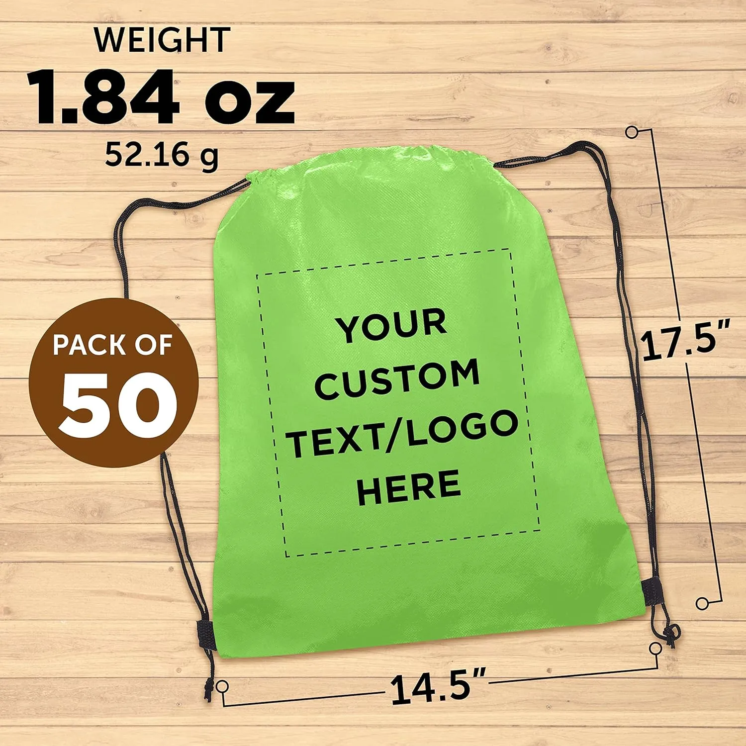 DISCOUNT PROMOS Custom Non-Woven Drawstring Backpacks Set of 50, Personalized Bulk Pack - Bring Everywhere You Go, Great for Travelling, Gym and for Everyday Use - Lime Green