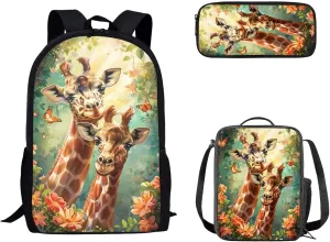Dolyues Giraffe Backpack Set School Bookbag Sets with Crossbody Shoulder Lunch Bags and Pencil Box Pouch Travel Bag for Kids Cute School Bag 3 Piece Full Set