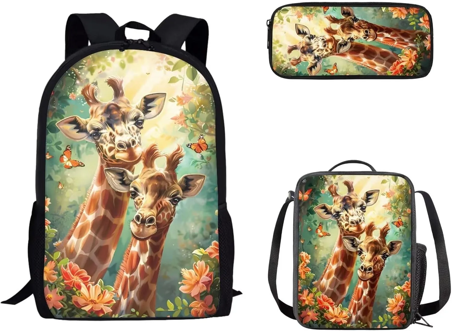 Dolyues Giraffe Backpack Set School Bookbag Sets with Crossbody Shoulder Lunch Bags and Pencil Box Pouch Travel Bag for Kids Cute School Bag 3 Piece Full Set