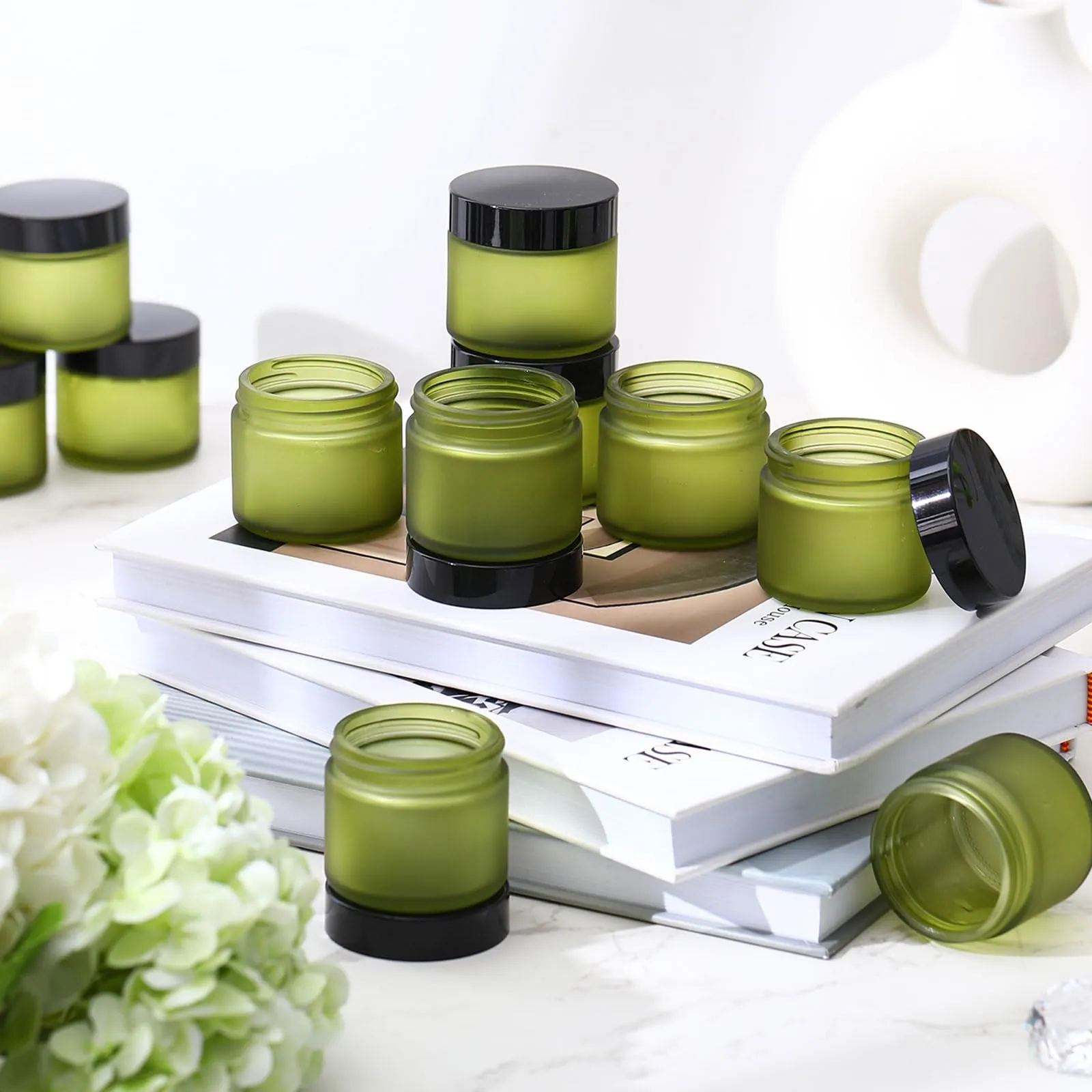 Domensi 48 Pcs 2 oz Glass Jars with Lids Travel Size Round Leakproof Empty Cosmetic Jars with Inner Liners Lid for Storing Makeup Lotions Face Cream Ointments Candle DIY Making (Pea Green)