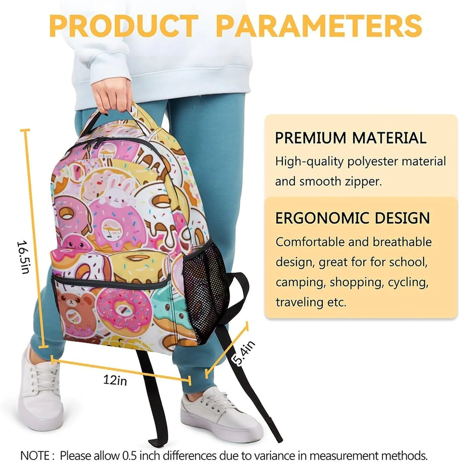 Donut Backpack for Girls, 16 Inch Pink Backpacks for School, Cute Lightweight Bookbag for Kids