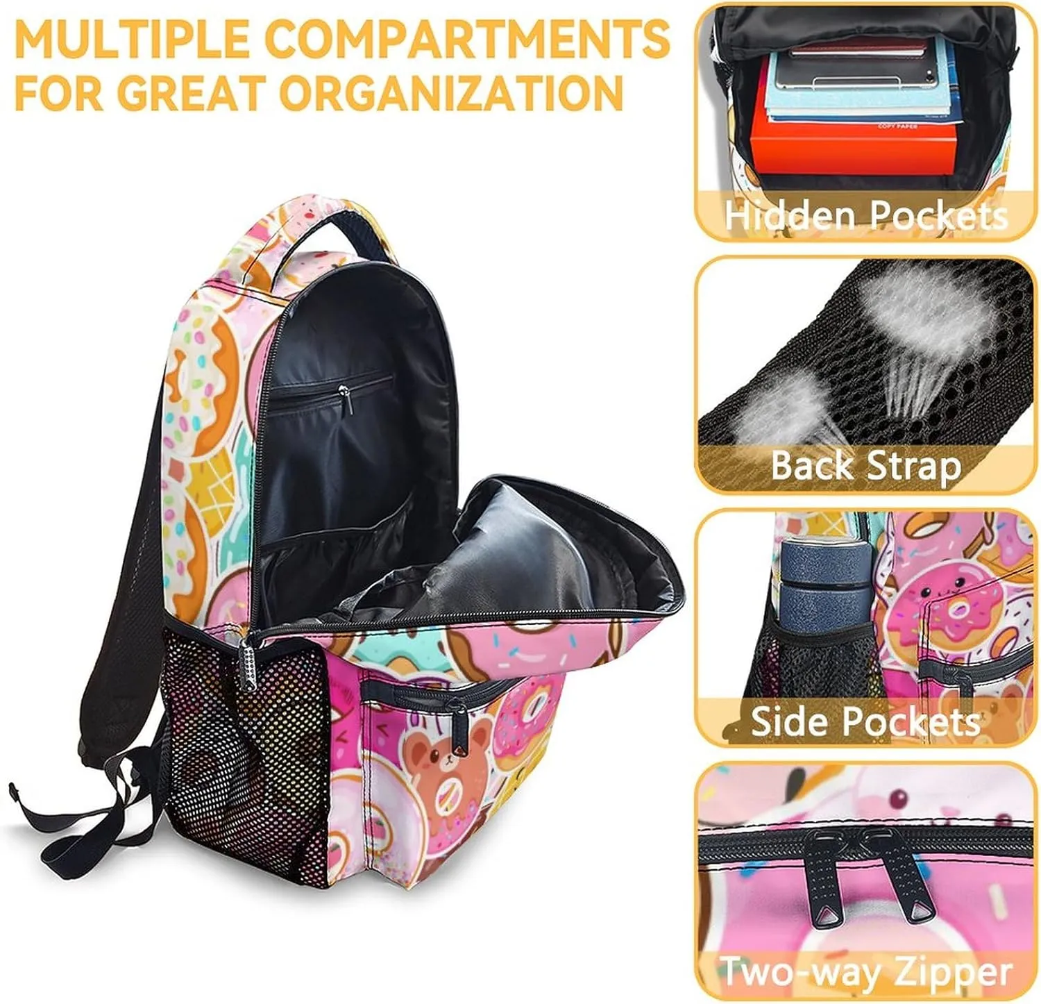 Donut Backpack for Girls, 16 Inch Pink Backpacks for School, Cute Lightweight Bookbag for Kids