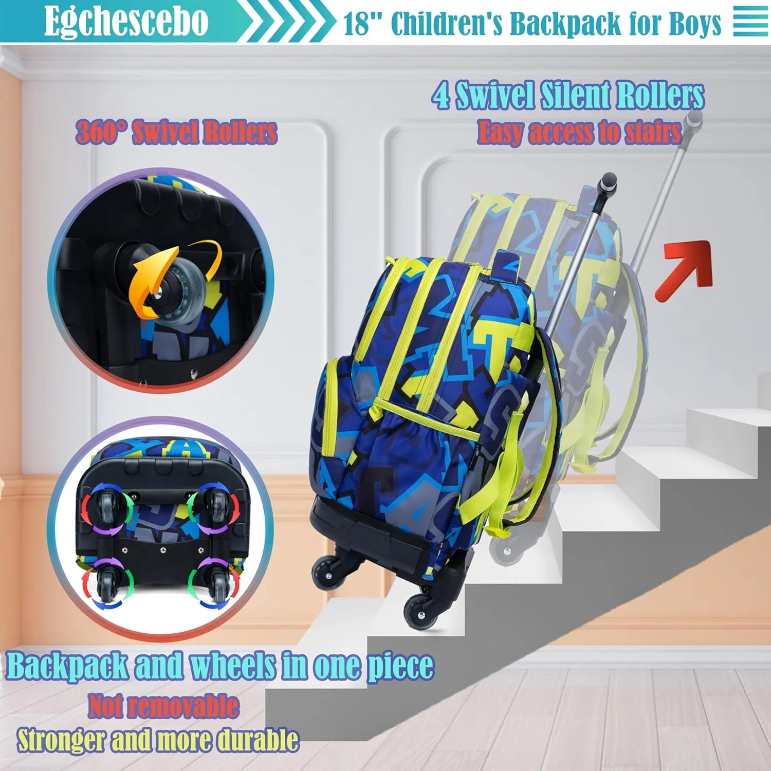 Egchescebo Kids Rolling Backpack for Boys Alphabet Suitcases Trolley Roller Luggage Backpacks with 360° Rotating Wheels 15" Laptop Lunch Box Pencil Case Elementary 18” Travel School Bag Blue