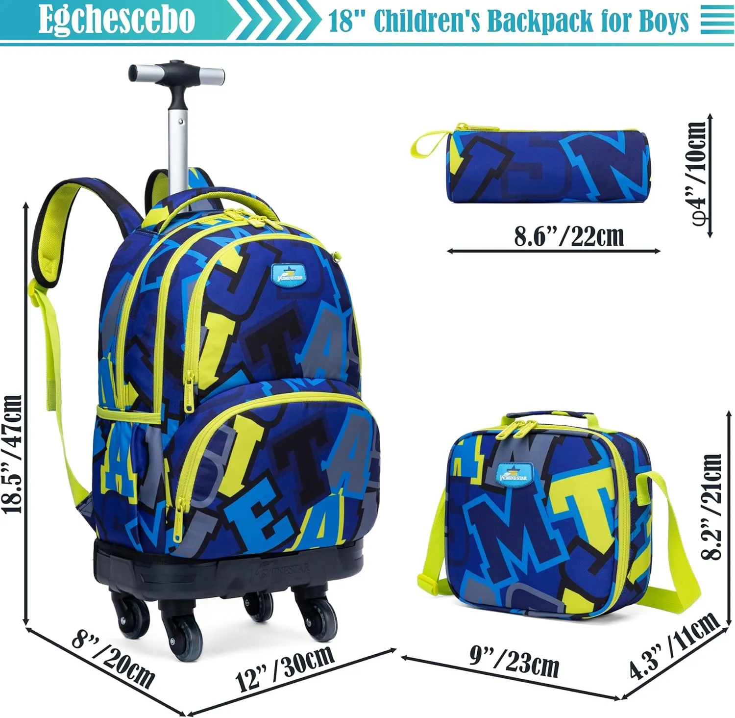 Egchescebo Kids Rolling Backpack for Boys Alphabet Suitcases Trolley Roller Luggage Backpacks with 360° Rotating Wheels 15" Laptop Lunch Box Pencil Case Elementary 18” Travel School Bag Blue