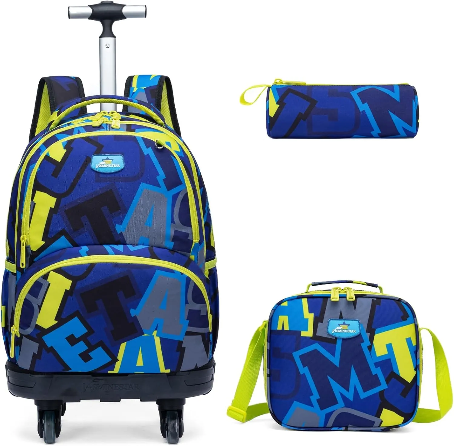 Egchescebo Kids Rolling Backpack for Boys Alphabet Suitcases Trolley Roller Luggage Backpacks with 360° Rotating Wheels 15" Laptop Lunch Box Pencil Case Elementary 18” Travel School Bag Blue