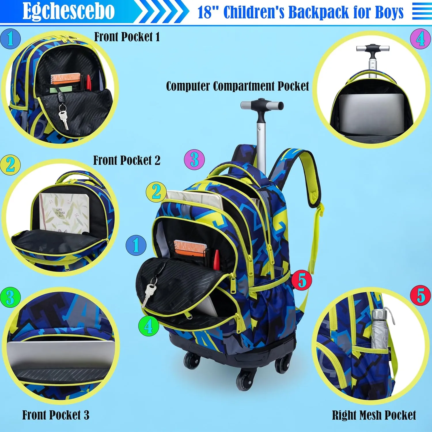 Egchescebo Kids Rolling Backpack for Boys Alphabet Suitcases Trolley Roller Luggage Backpacks with 360° Rotating Wheels 15" Laptop Lunch Box Pencil Case Elementary 18” Travel School Bag Blue