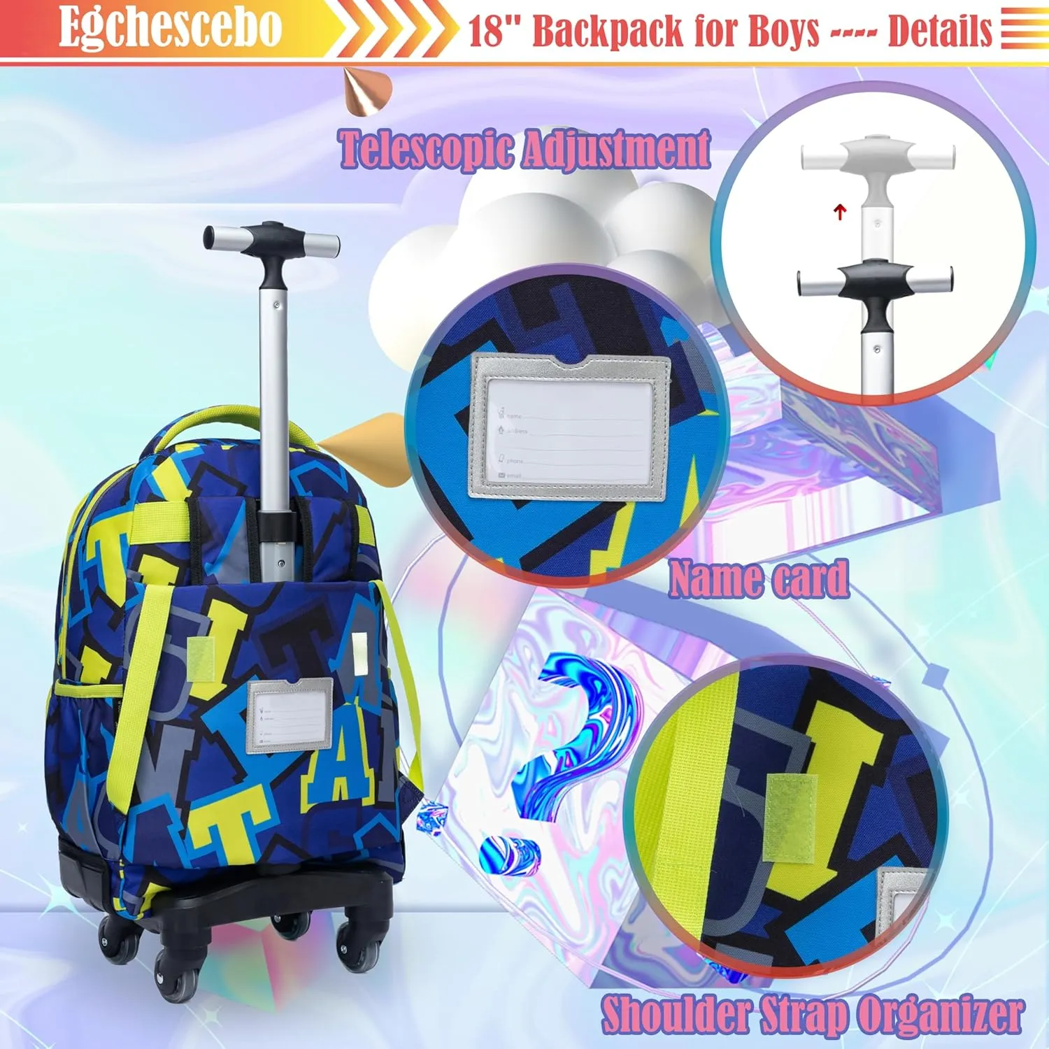 Egchescebo Kids Rolling Backpack for Boys Alphabet Suitcases Trolley Roller Luggage Backpacks with 360° Rotating Wheels 15" Laptop Lunch Box Pencil Case Elementary 18” Travel School Bag Blue