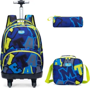Egchescebo Kids Rolling Backpack for Boys Alphabet Suitcases Trolley Roller Luggage Backpacks with 360° Rotating Wheels 15" Laptop Lunch Box Pencil Case Elementary 18” Travel School Bag Blue