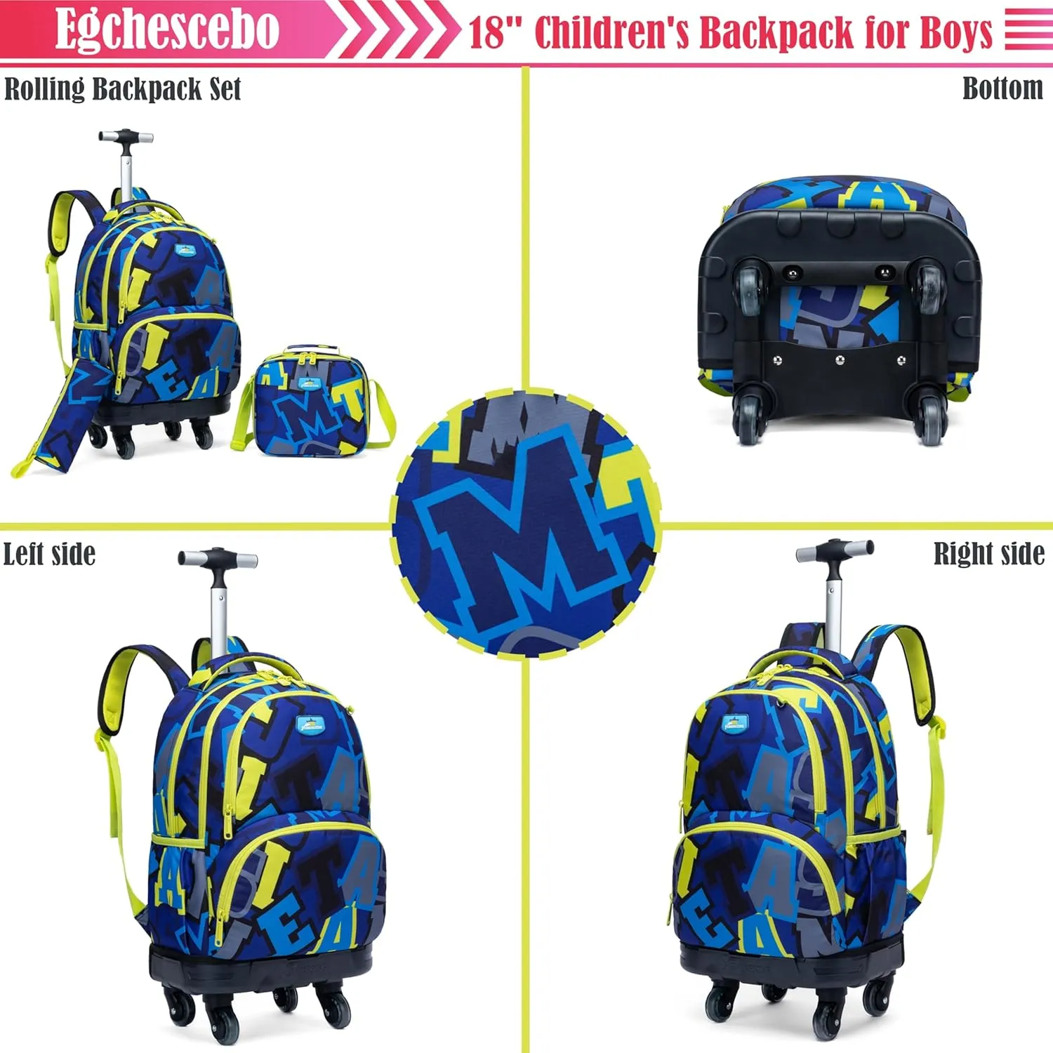 Egchescebo Kids Rolling Backpack for Boys Alphabet Suitcases Trolley Roller Luggage Backpacks with 360° Rotating Wheels 15" Laptop Lunch Box Pencil Case Elementary 18” Travel School Bag Blue