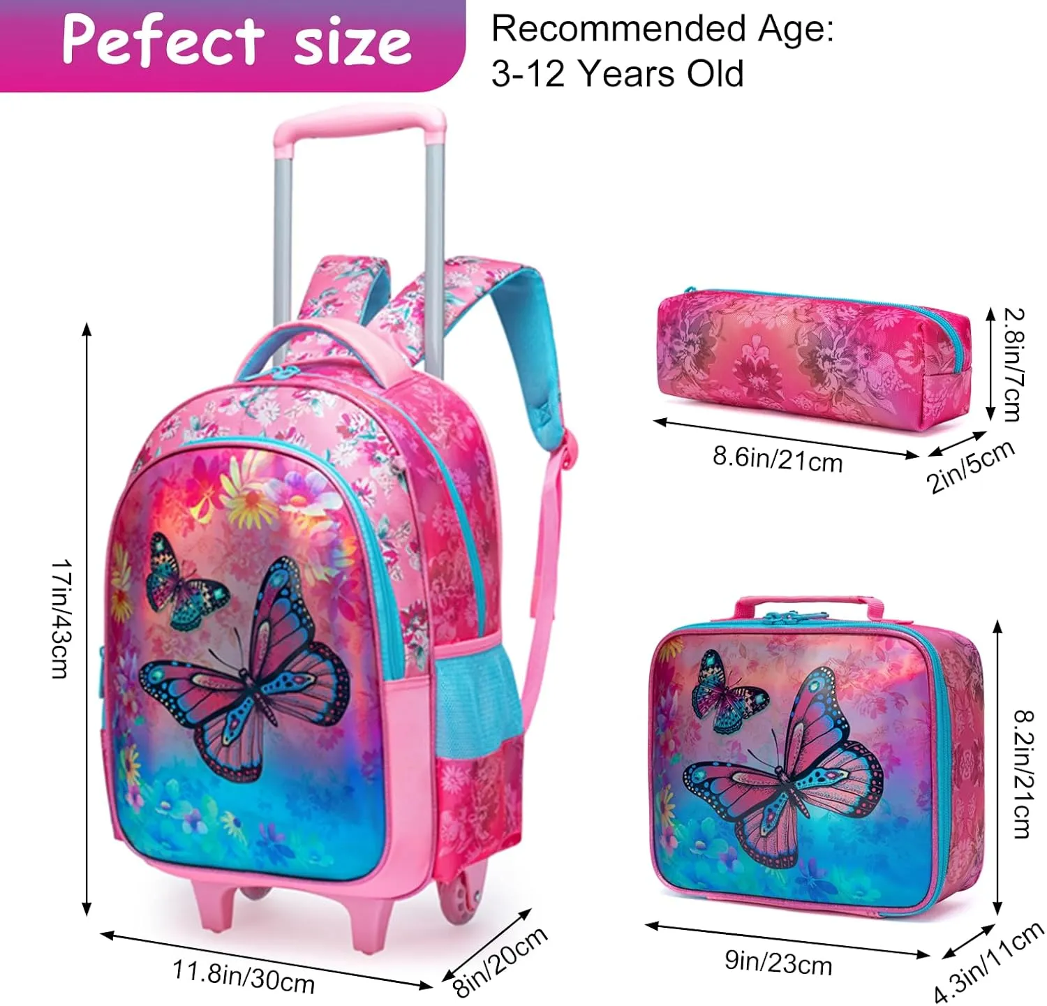 Egchescebo Kids Rolling Butterfly Backpack for Girls Trolley Suitcases Luggage Travel with Wheels Bookbag Wheeled 3PCS Roller Backpacks Toddler Tote Bag Back Pack School Bags Set for Elementary Red