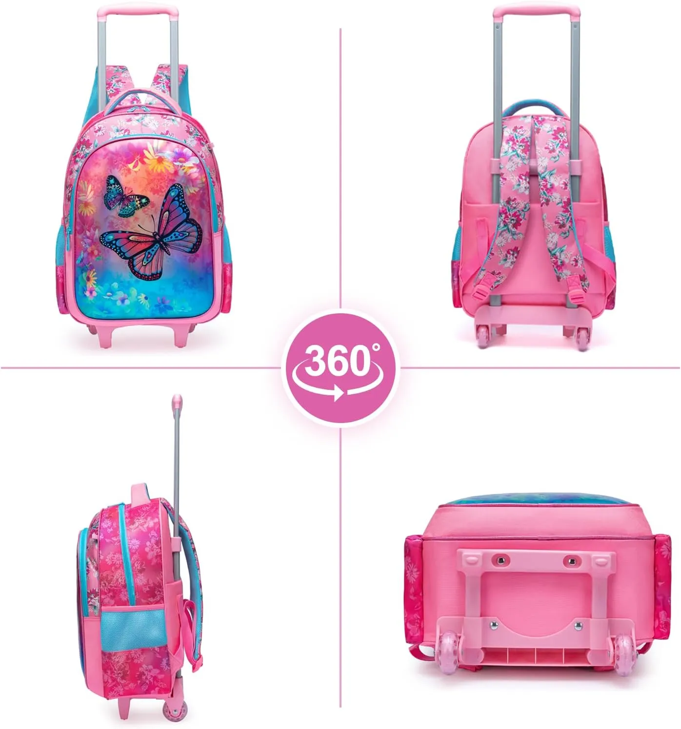 Egchescebo Kids Rolling Butterfly Backpack for Girls Trolley Suitcases Luggage Travel with Wheels Bookbag Wheeled 3PCS Roller Backpacks Toddler Tote Bag Back Pack School Bags Set for Elementary Red