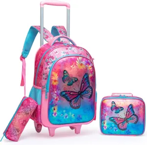Egchescebo Kids Rolling Butterfly Backpack for Girls Trolley Suitcases Luggage Travel with Wheels Bookbag Wheeled 3PCS Roller Backpacks Toddler Tote Bag Back Pack School Bags Set for Elementary Red